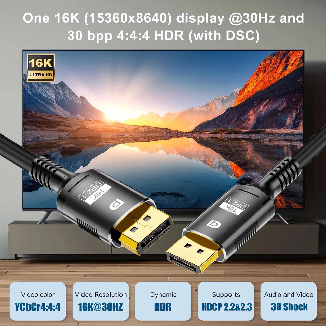 Alt view image 3 of 7 - DisplayPort 2.1 Cable 10ft, 16K DP 2.1 Cable Supports 80Gbps, 16K@30Hz, 8K@60Hz/120Hz, 4K@240Hz/165Hz, 2K@360Hz HDR, HDCP2.2, 3D, ARC for Laptop/PC/TV/Gaming Monitor