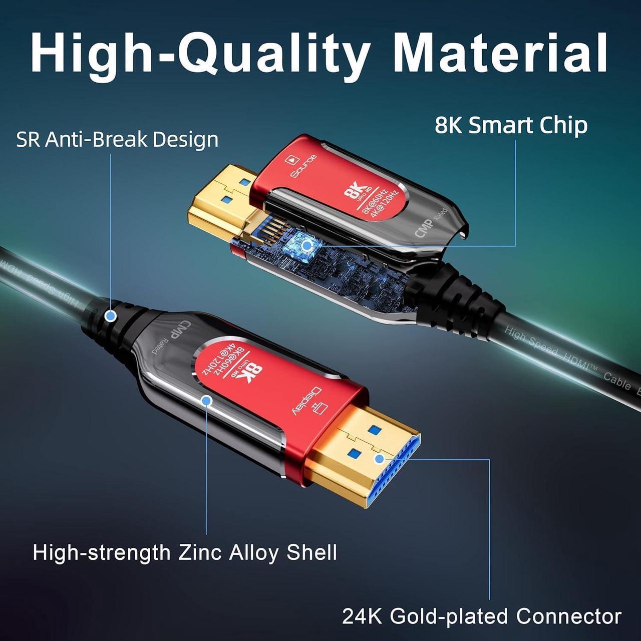 Alt view image 2 of 7 - 4K 120Hz HDMI 2.1 Fiber Optic Cable Plenum-Rated, 48Gbps High Speed - 8K@60Hz 7680P,HDCP 2.2 & 2.3, HDR 10,eARC,Dynamic HDR,Compatible for Laptop, Monitor - 16FT Long In Wall HDMI Cable - Red