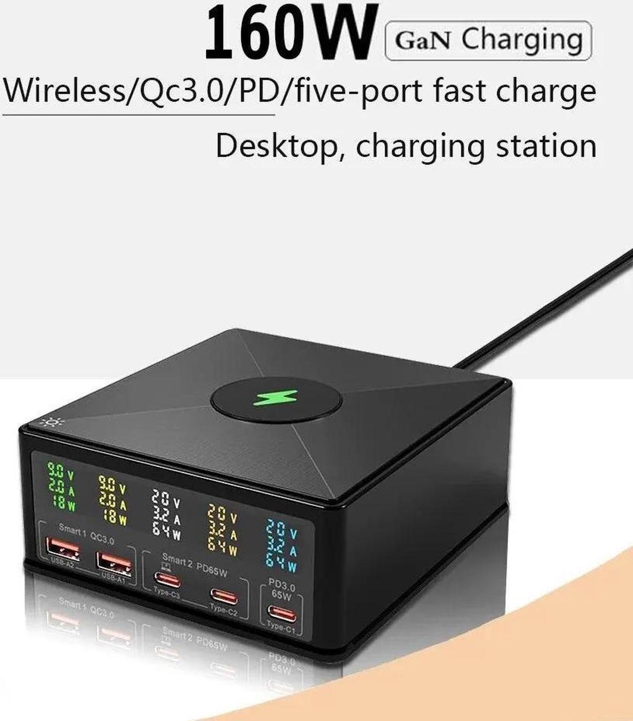 LUOM 160W 5 Port GaN USB C Charging Station Hub Block Charger Power Strip Adapter Plug Cube, 3C2A (C1/C2 65W + A1/A2/A3 QC3.0 18W) + 15W Wireless Charging for Cell Phone, Tablet