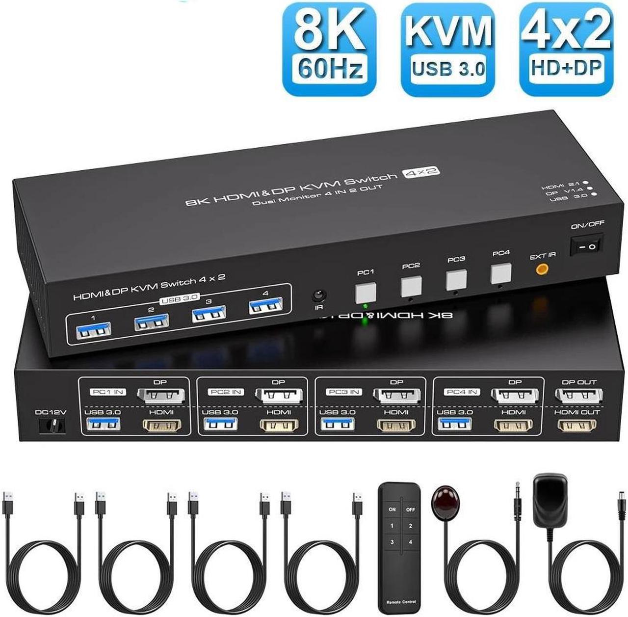 LUOM HDMI+DisplayPort KVM Switch 2 Monitors 4 Computers, with 4 USB 3.0 Hub, 8K@60Hz Ultra HD Resolution, Dual Monitor KVM Switch HDMI2.1 DP1.4 Via Button Switch, Plug and Play