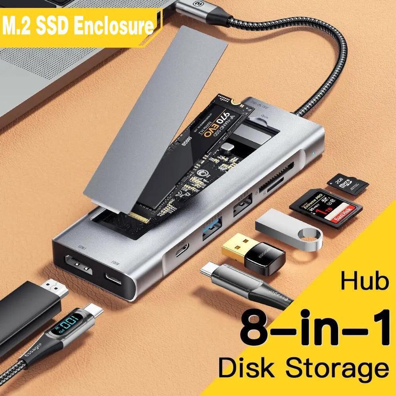 LUOM USB C Docking Station, 8 in 1 USB C Hub with 10Gbps M.2 PCIe/SATA SSD Enclosure, 4K HDMI, 100W PD, 10Gbps USB C/USB-A Gen 3.2/3.1, SD/TF, USB-A Port for Windows, Mac OS USB-C Laptop