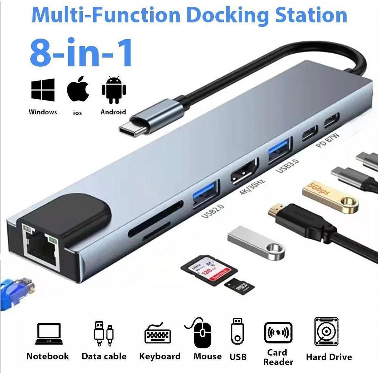 LUOM 8 in 1 USB C Hub with 4K HDMI, 100W PD, USB 3.0, USB2.0, TF/SD Card Reader, TF/SD Card Reader, Ethernet, Ultra Slim Portable USB Splitter Adapter for Laptop, HDD, Printer, Mouse, Keyboard