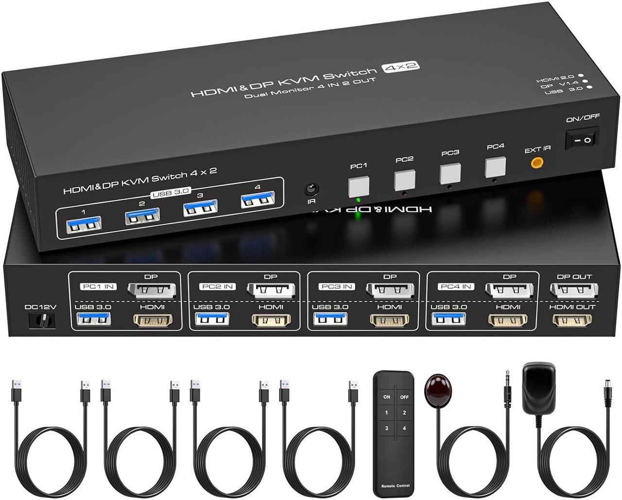 LUOM HDMI+DisplayPort KVM Switch 2 Monitors 4 Computers, with 4 USB 3.0 Hub, 4K@60Hz Ultra HD Resolution, Dual Monitor KVM Switch HDMI2.0 DP1.4 Via Button Switch, Plug and Play