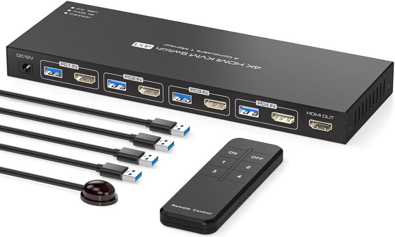 LUOM HDMI USB 3.0 Monitor KVM Switch HDMI 4K@60Hz,2K@120Hz, HDMI Extended Display Switcher for 4 Computers Share 1 Monitors and 4 USB 3.0 Ports,Wired Controller and 4 Cables Included