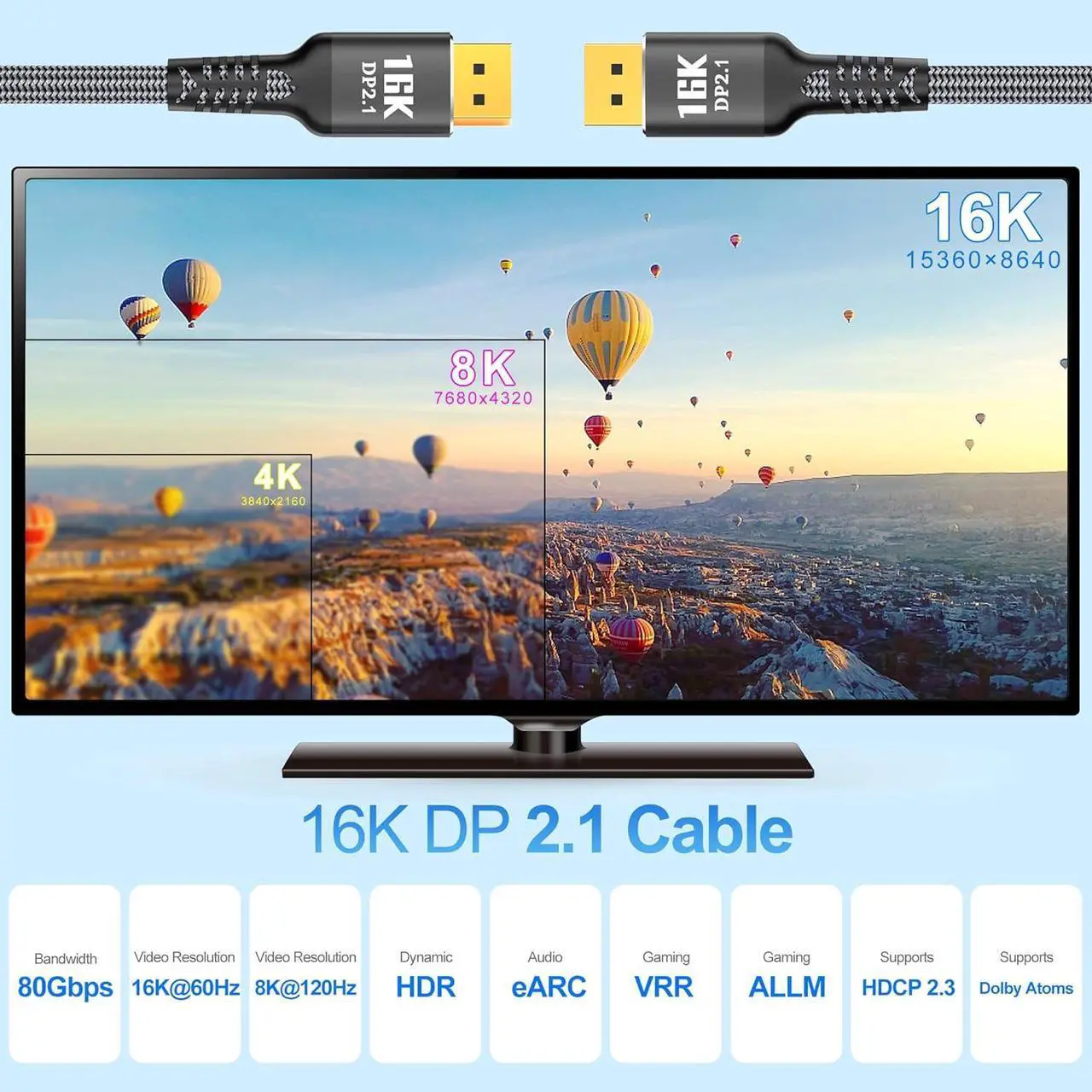 Alt view image 2 of 7 - LUOM DisplayPort 2.1 Cable 3.3Feet/1M -VESA Certified 16K DP to DP Braided Cord-Support 80Gbps,16K 60Hz,8K 120Hz,4K 240Hz /165Hz /144Hz - Compatible for FreeSync/G-Sync/Gaming Monitor/PC