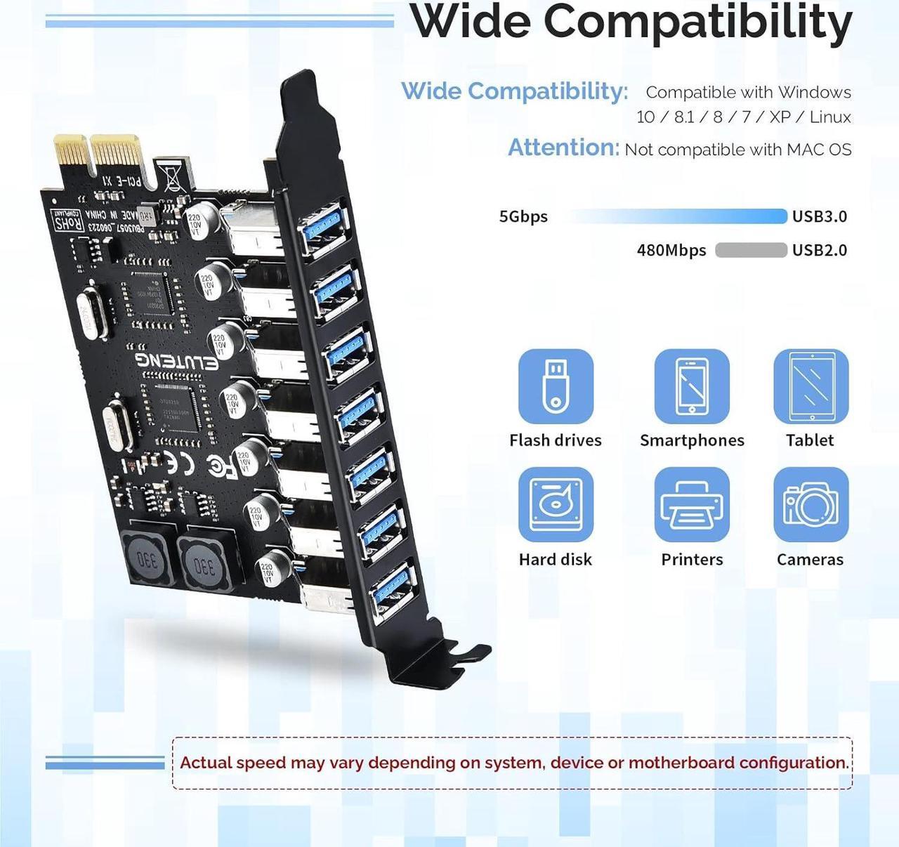 Alt view image 4 of 7 - 7 Ports PCI-E to USB 3.0 HUB PCI Express Expansion Card Adapter 5Gbps for Motherboard