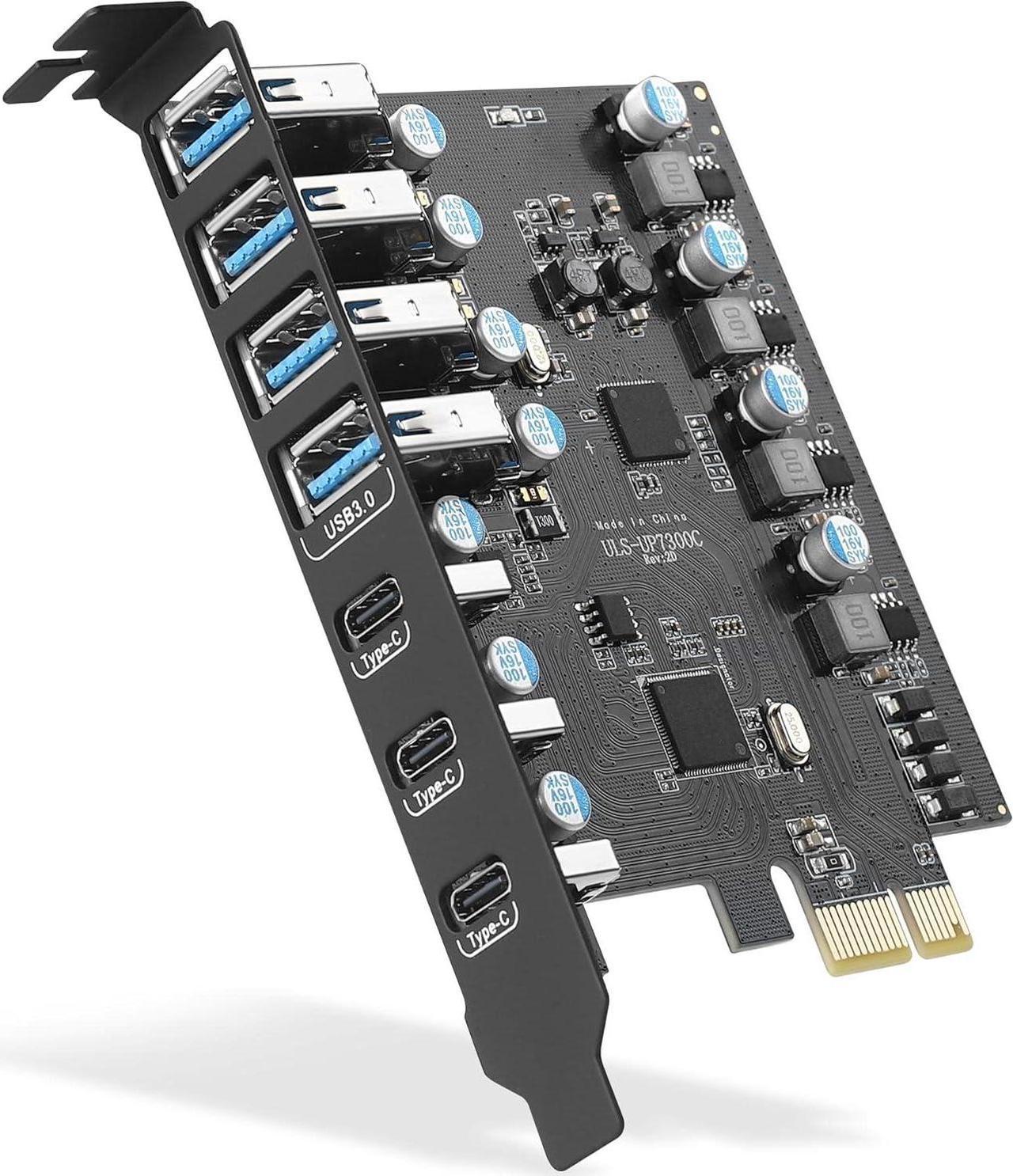 LUOM USB 3.0 PCI-e Expansion Card 7Port(3X USB C - 4X USB A), PCI-e to USB 3.0 HUB Adapter 5Gbps, Fits PCI Express x1, x4, x8 or x16 socket.