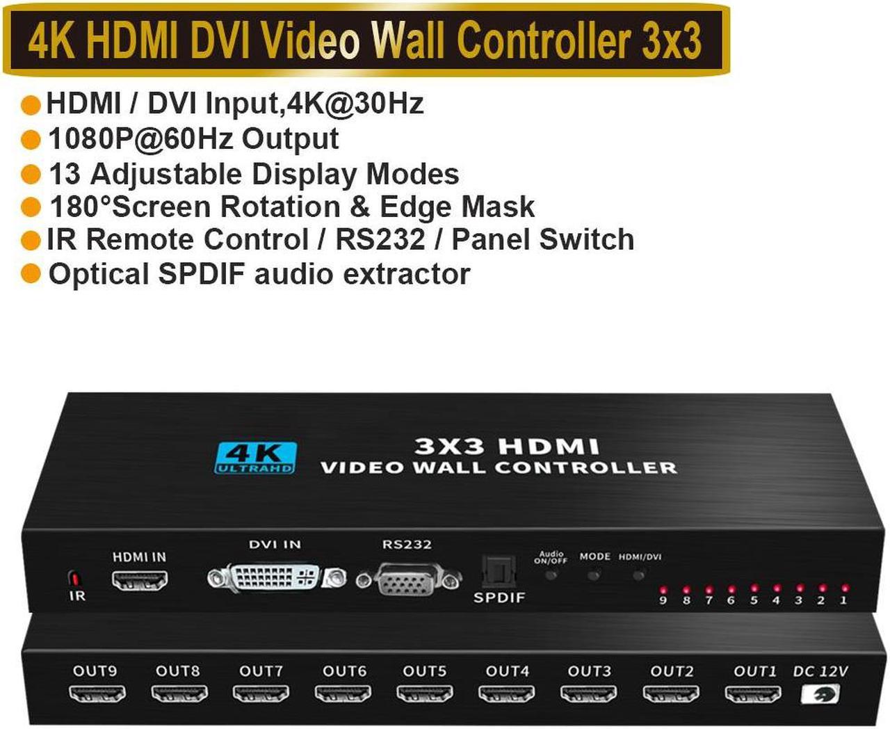 3x3 Video Wall Controller | 1080p@60Hz, HDMI 1.4, HDCP1.4 Compliant | HDMI & DVI Inputs; HDMI Outputs | 13 Display Modes - 1x1,1x2, 1x3, 1x4, 2x1, 2x2, 2x3, 2x4, 3x1, 3x2, 3x3, 4x1, 4x2