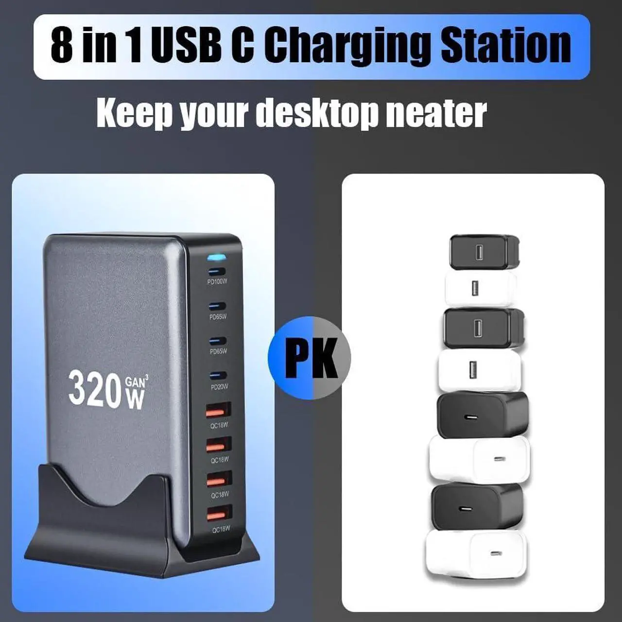 Alt view image 6 of 7 - LUOM 320W GaN USB C Quick Charge QC3.1 PD 3.1 TypeC 8-Port Supercharge Plug For iPad iPhone Samsung Universal Fast Charger - GaN TechGaN Tech Laptop USB C Power Adapter Block