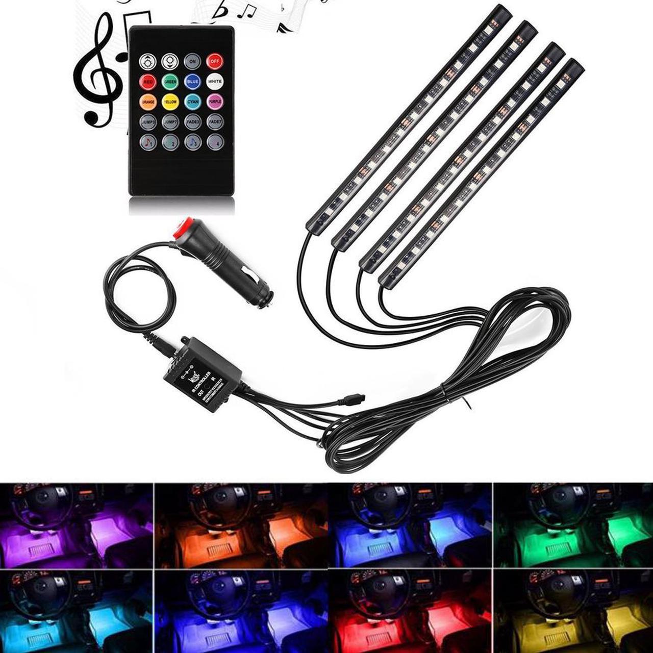 RCF Automotive LED Decor Strip Light, 4pcs 48SMD DV 12V Car Multi-color Music LED Interior Lighting, Car Decorative Lights, With Sound-activated And Remote Control, Car Charger Included