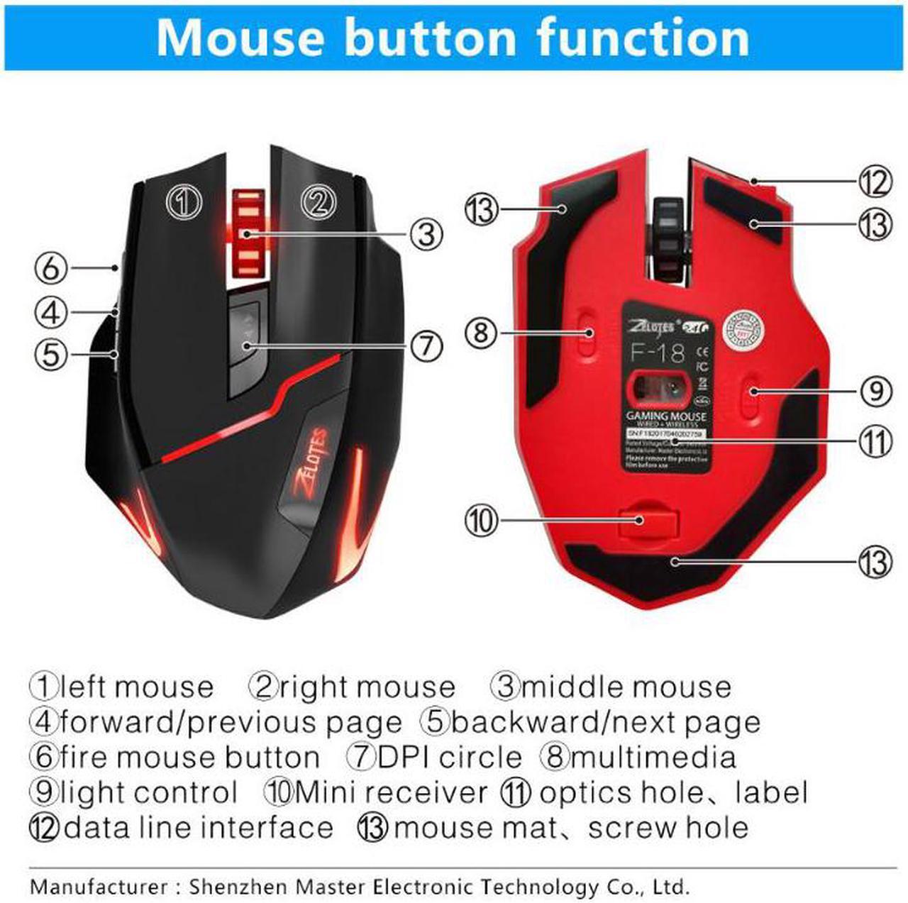 Alt view image 6 of 7 - Zelotes Rechargeable Dual-Mode Wired / Wireless gaming Mouse,6 Adjustable DPI Levels,7 color circle breathing light design, 7 Buttons Mice for gamer Notebook,PC,Mac,Laptop,Computer,Macbook(Black)