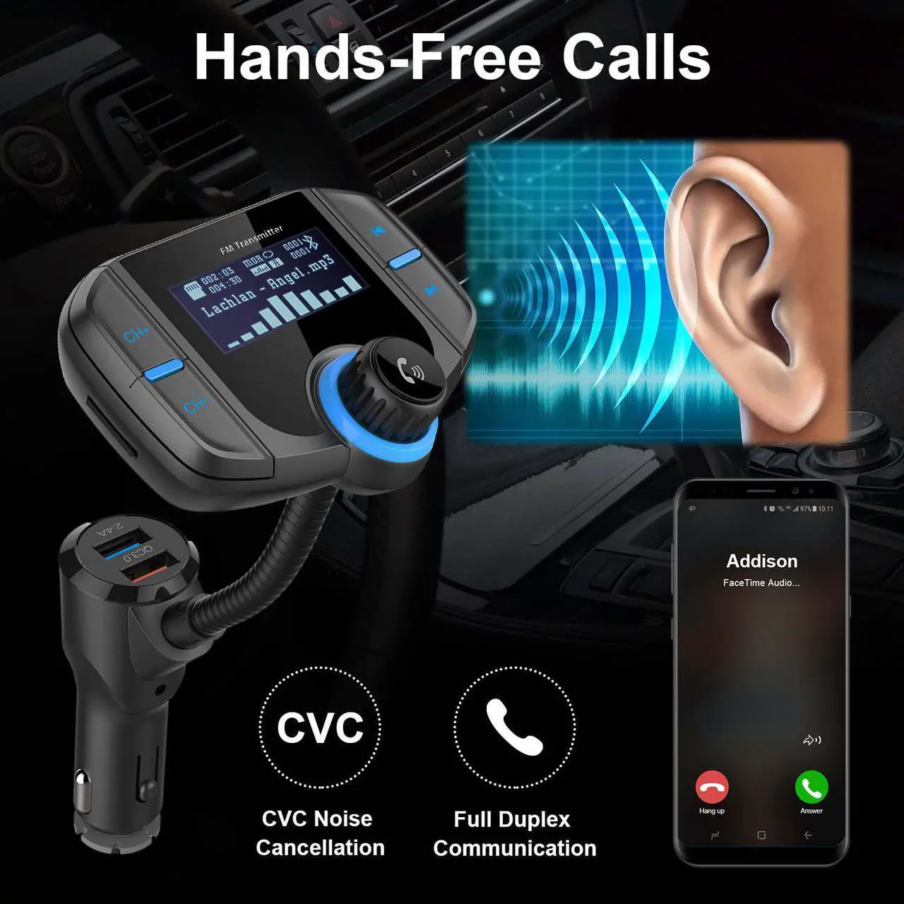 Alt view image 6 of 7 - LUOM Bluetooth FM Transmitter, Wireless in-car Radio Adapter Car Kit with Quick Charger 3.0 + 5V/2.4A Smart IC Dual USB Car Charger, 1.80 Inch LCD Display, TF Card Slot, AUX Input/Output