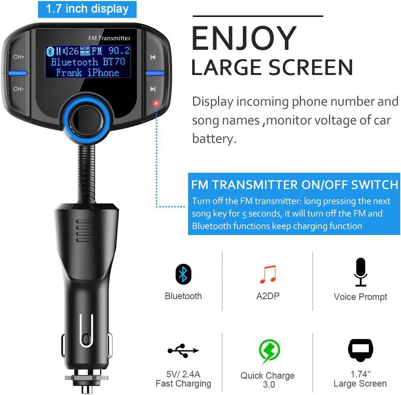 Alt view image 3 of 7 - LUOM Bluetooth FM Transmitter, Wireless in-car Radio Adapter Car Kit with Quick Charger 3.0 + 5V/2.4A Smart IC Dual USB Car Charger, 1.80 Inch LCD Display, TF Card Slot, AUX Input/Output