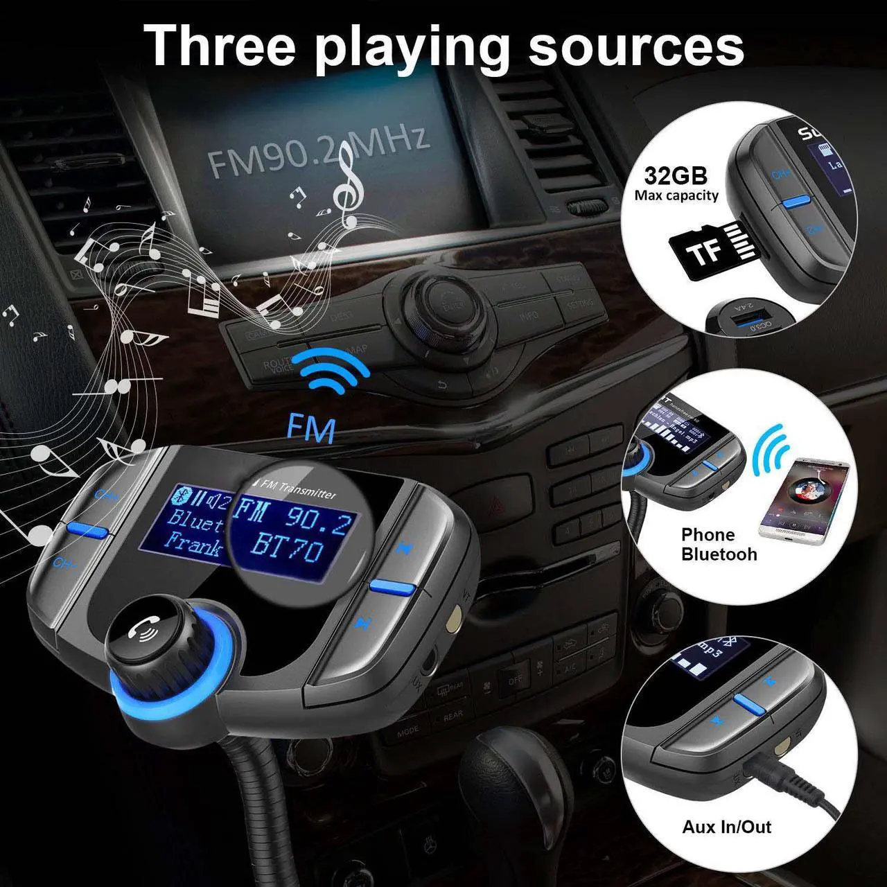 Alt view image 7 of 7 - LUOM Bluetooth FM Transmitter, Wireless in-car Radio Adapter Car Kit with Quick Charger 3.0 + 5V/2.4A Smart IC Dual USB Car Charger, 1.80 Inch LCD Display, TF Card Slot, AUX Input/Output