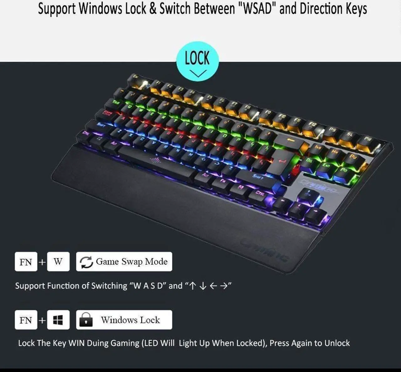 Alt view image 5 of 7 - LUOM K28 Mechanical Gaming Keyboard 87 Keys Blue Switch Illuminate Backlight Backlit Anti-ghosting LED Keyboard Wrist Pro Gamer- Black