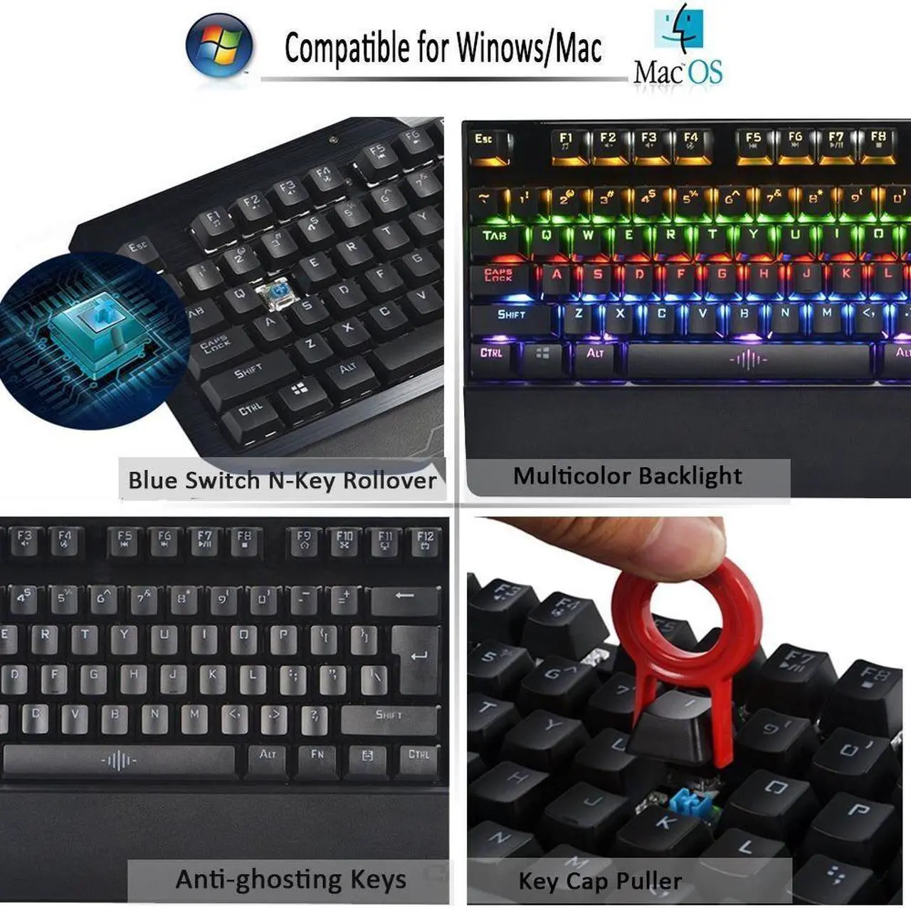 Alt view image 3 of 7 - LUOM K28 Mechanical Gaming Keyboard 87 Keys Blue Switch Illuminate Backlight Backlit Anti-ghosting LED Keyboard Wrist Pro Gamer- Black