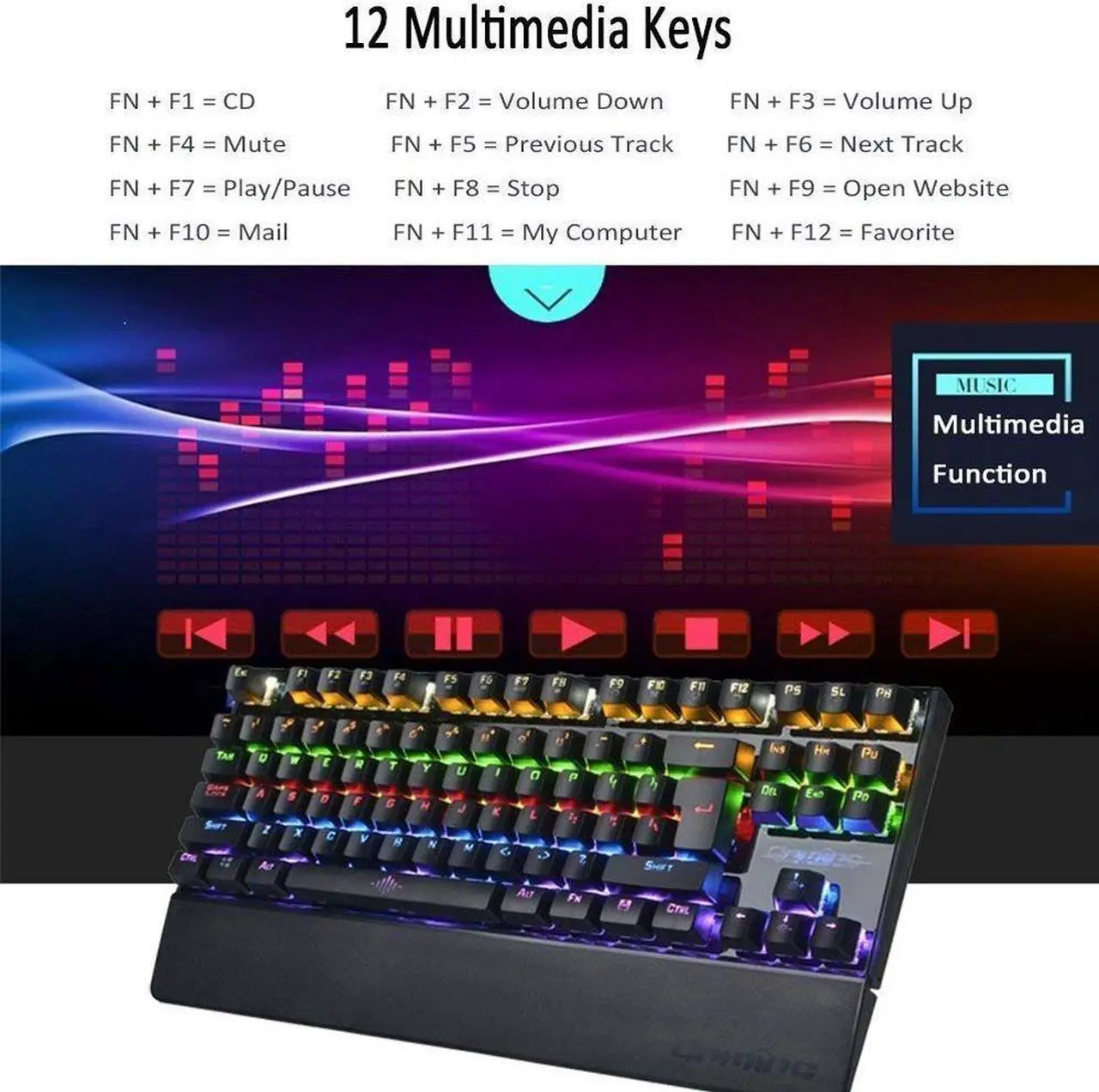 Alt view image 7 of 7 - LUOM K28 Mechanical Gaming Keyboard 87 Keys Blue Switch Illuminate Backlight Backlit Anti-ghosting LED Keyboard Wrist Pro Gamer- Black