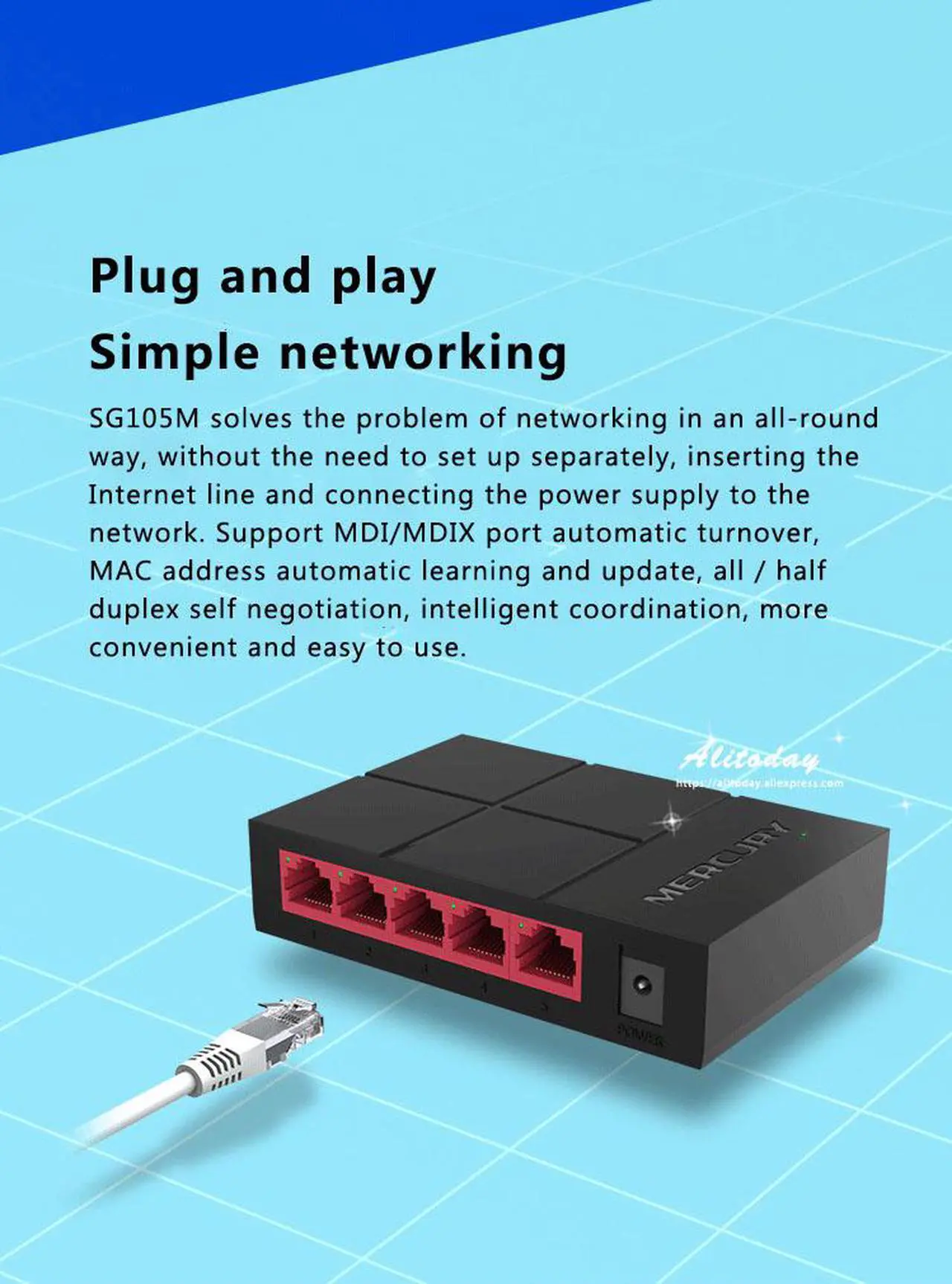 Alt view image 5 of 7 - MERCURY 5 Port Gigabit Ethernet Network Switch | Ethernet Splitter | Sturdy Metal w/ Shielded Ports | Plug-and-Play | Traffic Optimization | Unmanaged (SG105M)
