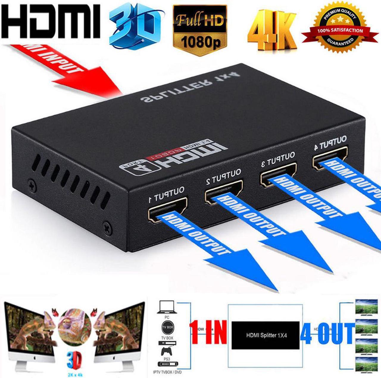 LUOM HDMI Splitter, 1x4 Hdmi Splitter 1 in 4 out Powered Adapter Supports Full Ultra HD 1080P 4K/2K and 3D Resolutions for PC PS3/PS4 Xbox Blue-Ray DVD STB 4K HDTV