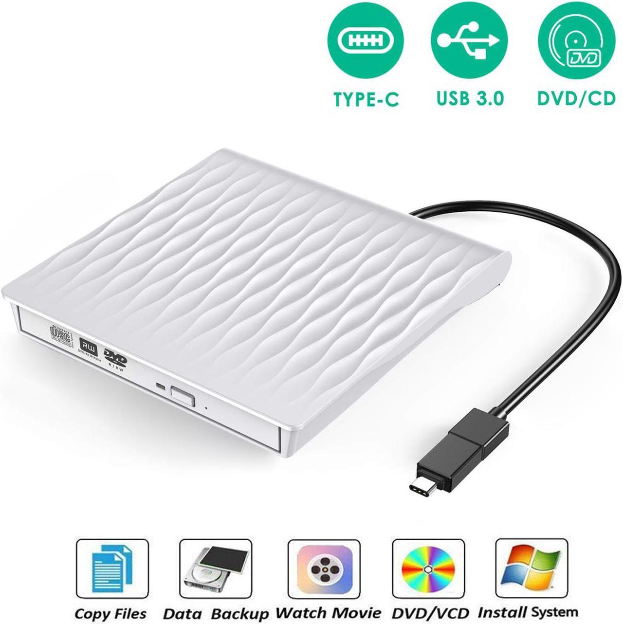 LUOM USB 3.0 Type C Dual Port External CD DVD Drive, Slim Portable External CD DVD Rewriter Burner Writer, High Speed Data Transfer External USB Optical Drives for Laptop/MacBook/Desktop (White)