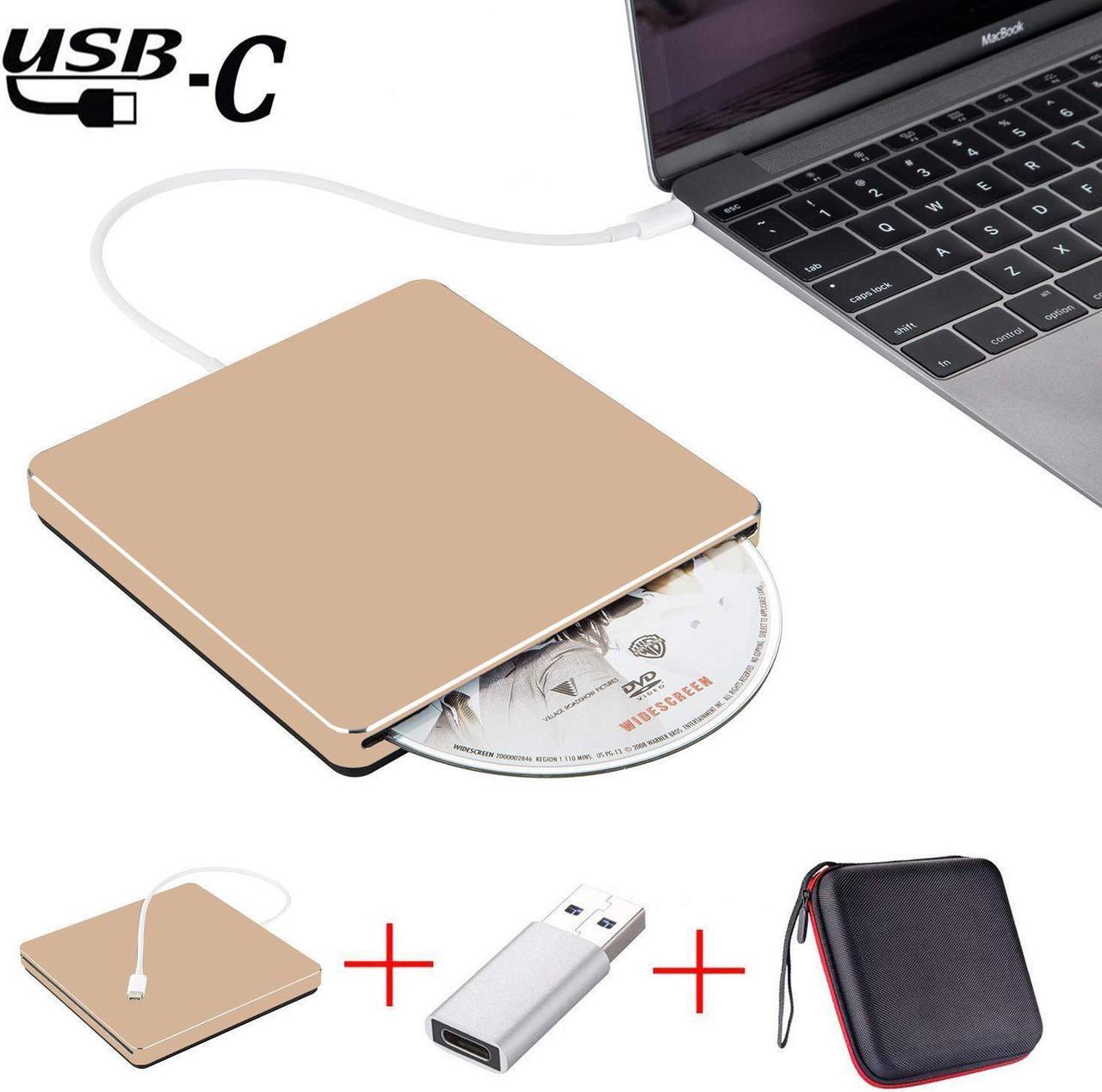 LUOM USB 3.0 & USB-C External DVD Drive with Case, Portable CD DVD RW Drive Burner Writer Optical Player for USB Type-C Windows Laptop Mac MacBook Pro Air iMac, Gold