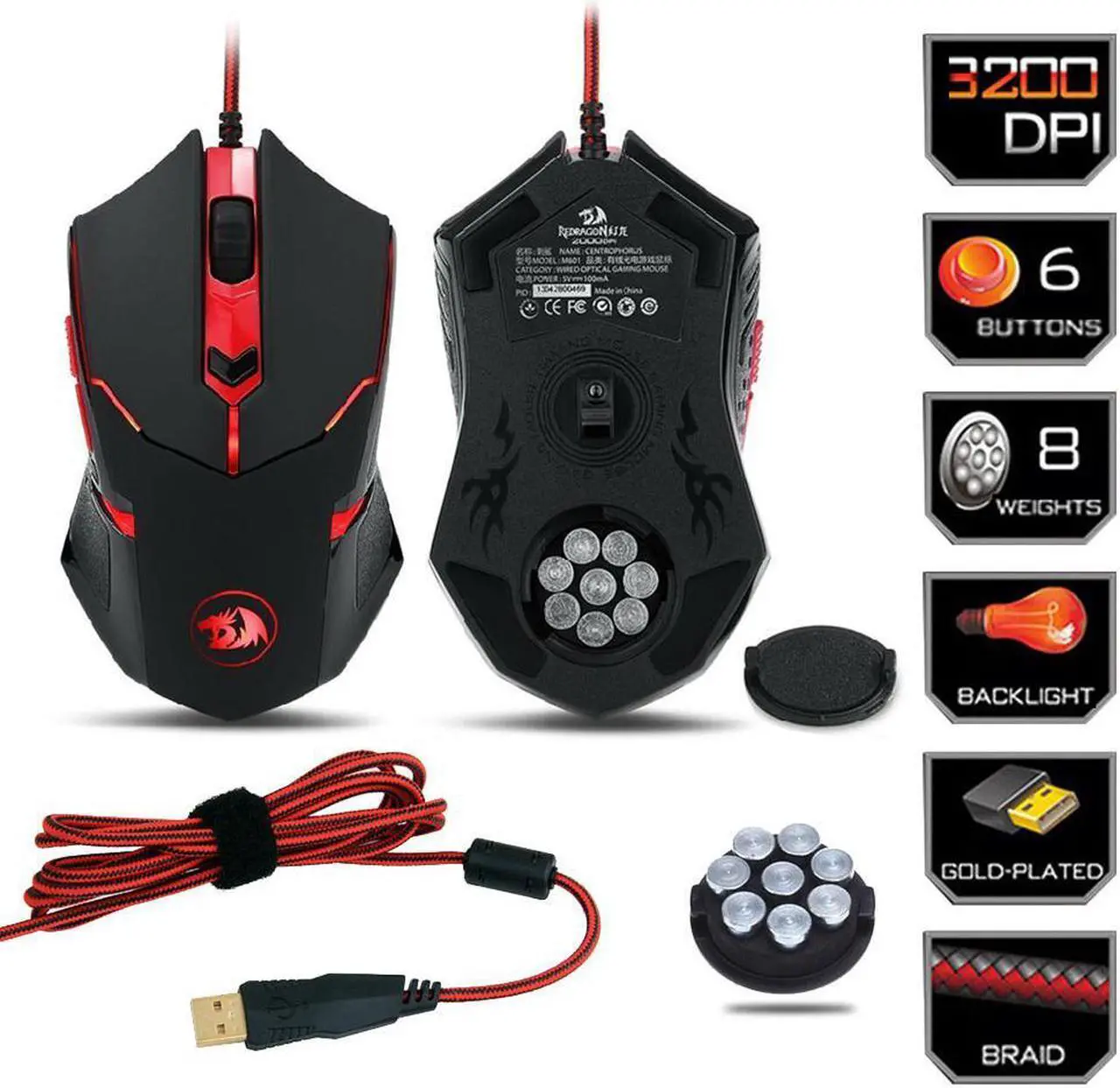 Alt view image 7 of 8 - Redragon M601 CENTROPHORus-2000 DPI Gaming Mouse for PC, 6 Buttons, Weight Tuning Set, Omron Micro Switches