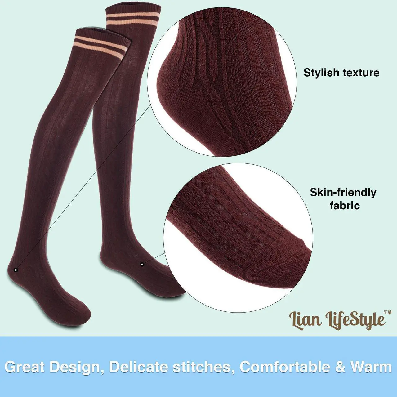 Alt view image 3 of 5 - Lian LifeStyle Women's 5 Pairs Adorable Comfortable Soft Thigh High Over Knee High Cotton Socks Size 6-9 L1023(Coffee)