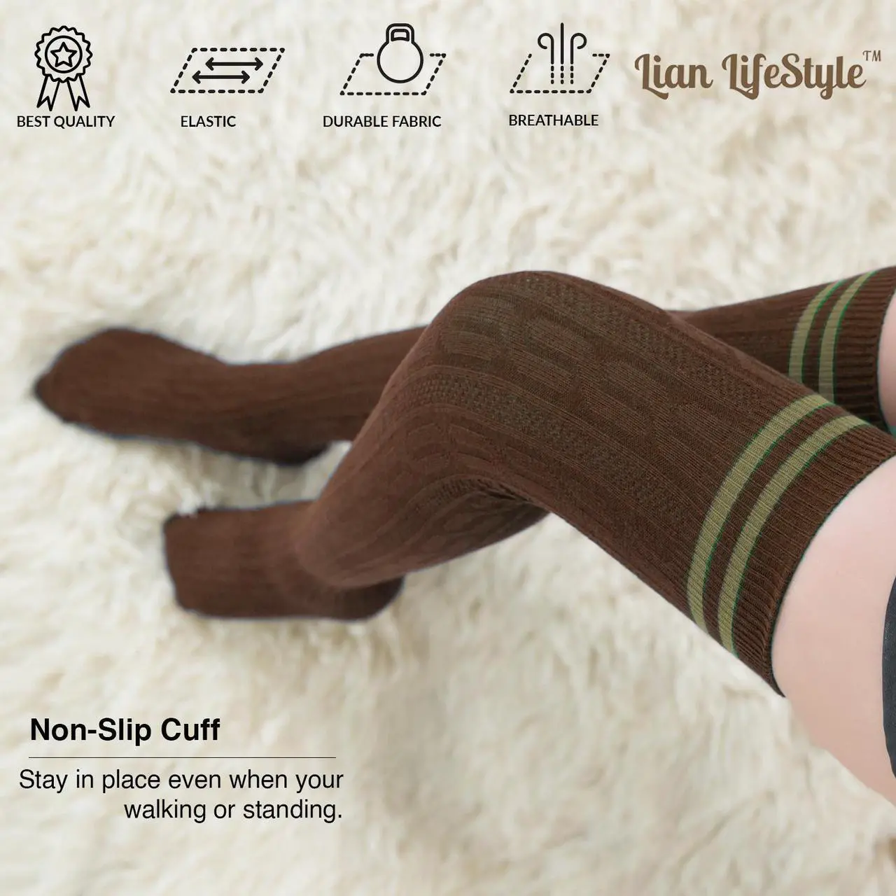 Alt view image 4 of 5 - Lian LifeStyle Women's 5 Pairs Adorable Comfortable Soft Thigh High Over Knee High Cotton Socks Size 6-9 L1023(Coffee)