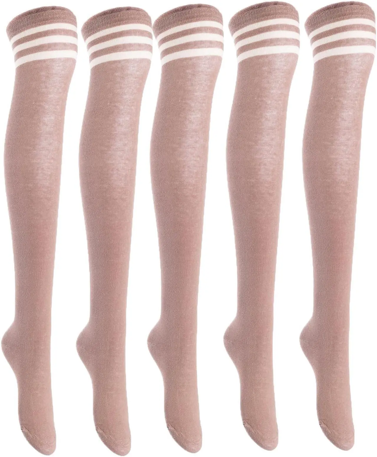 Main image of Lian LifeStyle Women's 5 Pairs Adorable Comfortable Soft Thigh High Over Knee High Cotton Socks Size 6-9 L1022(Khaki)