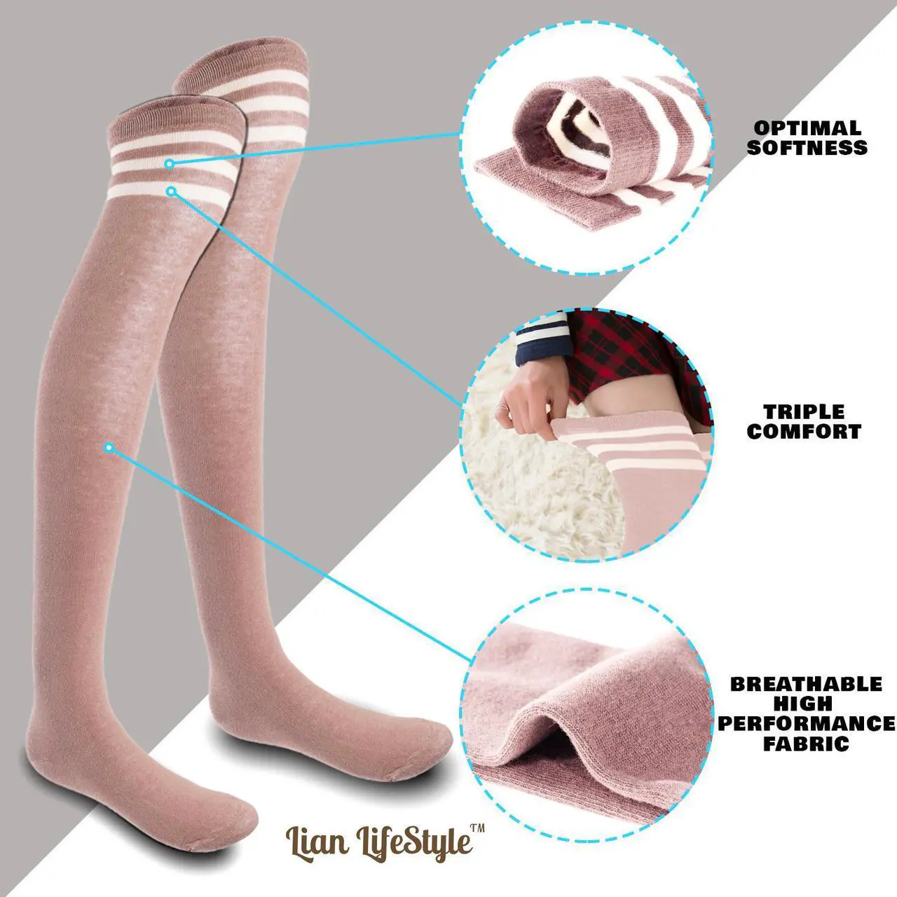 Alt view image 4 of 5 - Lian LifeStyle Women's 5 Pairs Adorable Comfortable Soft Thigh High Over Knee High Cotton Socks Size 6-9 L1022(Khaki)
