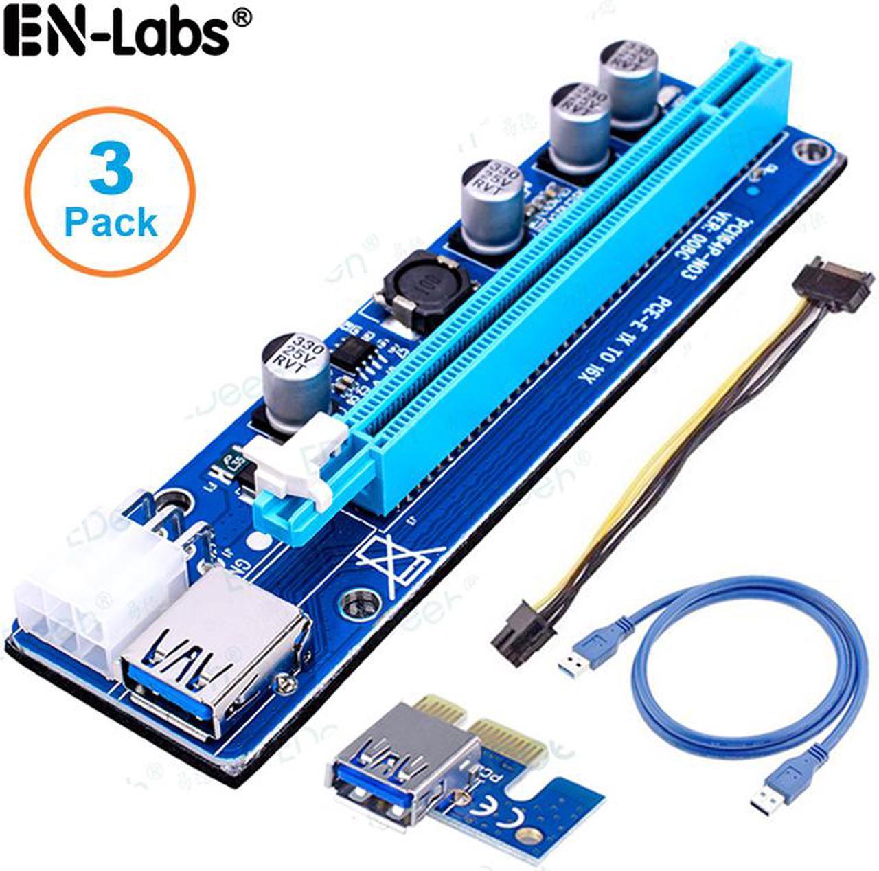 3Packs EnLabs  GPU Riser Cable Adapter,PCIe 1x to 16x PCI Express Extender Riser Card for Ethereum Mining ETH,Power by PCIe 6pin w/ 60cm USB 3.0 Extension Cable& SATA to 6-Pin PCI-E Power Cable