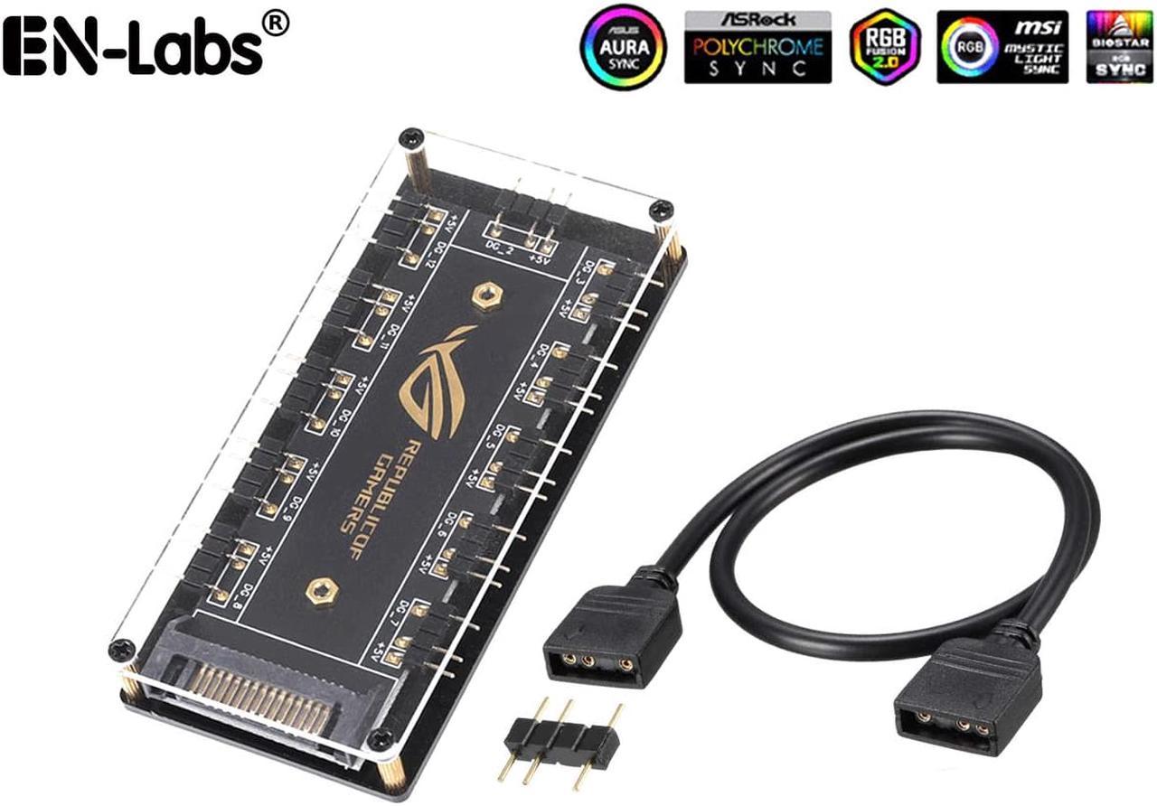 EnLabs AURA SYNC 5V 3-pin RGB 10 Hub Splitter w/ PMMA Case, SATA Power 3pin ARGB Adapter Extension Cable for ASUS GIGABYTE MSI ASRock RGB LED Strip Lighting,Fans & Cooler- 1FT Extension Cable Included