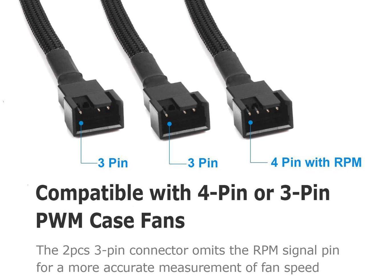 Alt view image 6 of 7 - PWM Fan 4 Pin to 3Pin/4Pin Power Splitter Cable, Motherboard CPU SYS Fan Header to 3 Ports Internal Power Hub-Sleeved Black,10 inches,
