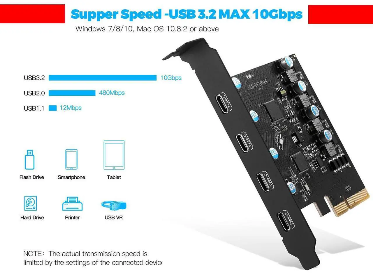 Alt view image 2 of 7 - PCIe 3.0/4.0 to 10Gbps USB 3.2 Gen2 Expansion Card,4-Ports USB Type-C  to PCI Express x4 PC Internal USB Hub for Windows 10/8/7 Linux and MAC OS 10.8.2 above with Full-Profile Slot Cover