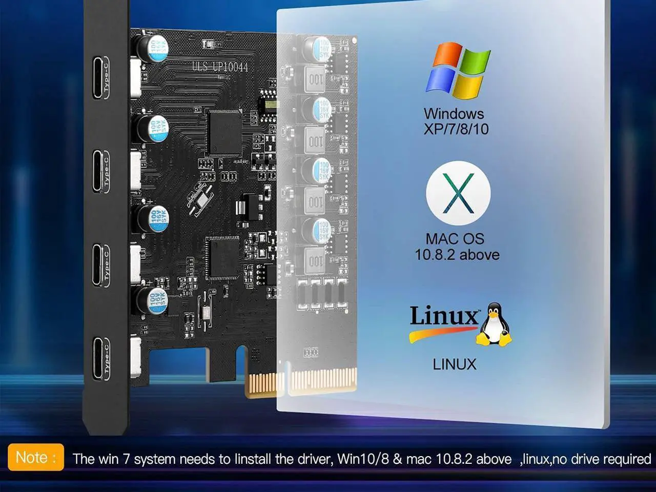 Alt view image 6 of 7 - PCIe 3.0/4.0 to 10Gbps USB 3.2 Gen2 Expansion Card,4-Ports USB Type-C  to PCI Express x4 PC Internal USB Hub for Windows 10/8/7 Linux and MAC OS 10.8.2 above with Full-Profile Slot Cover