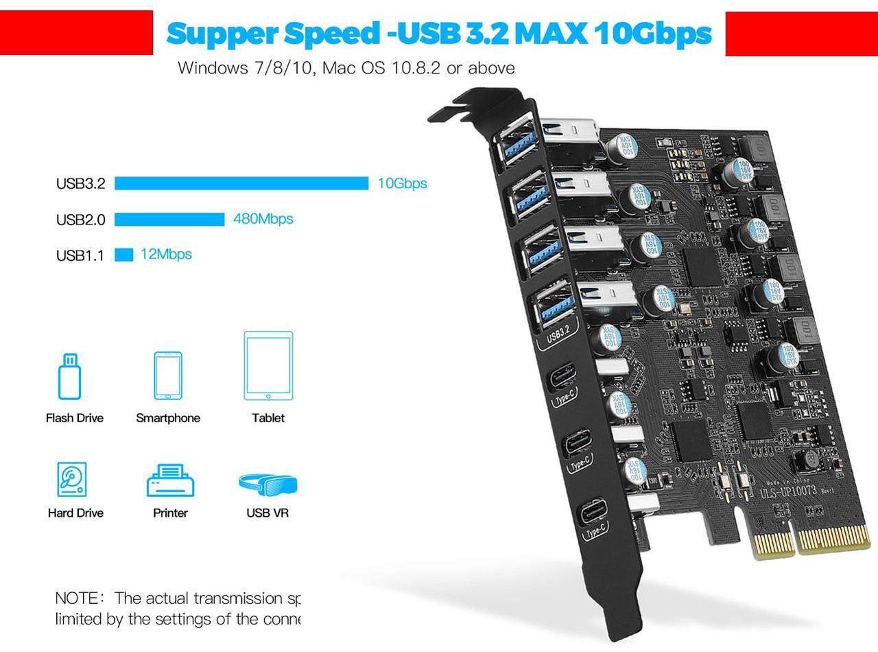 Alt view image 3 of 7 - PCIe 3.0/4.0 to 10Gbps USB 3.2 Gen2 Expansion Card,7-Ports (4 USB Type-A and 3 Type-C Ports) to PCI Express x4 PC USB Hub for Win10/8/7 Linux & MAC OS 10.8.2 above with Full-Profile Slot Cover