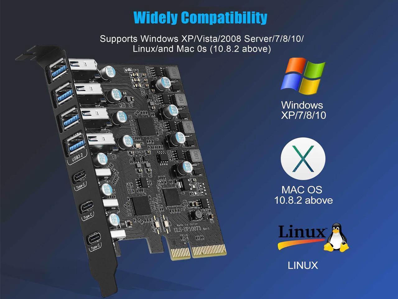 Alt view image 6 of 7 - PCIe 3.0/4.0 to 10Gbps USB 3.2 Gen2 Expansion Card,7-Ports (4 USB Type-A and 3 Type-C Ports) to PCI Express x4 PC USB Hub for Win10/8/7 Linux & MAC OS 10.8.2 above with Full-Profile Slot Cover
