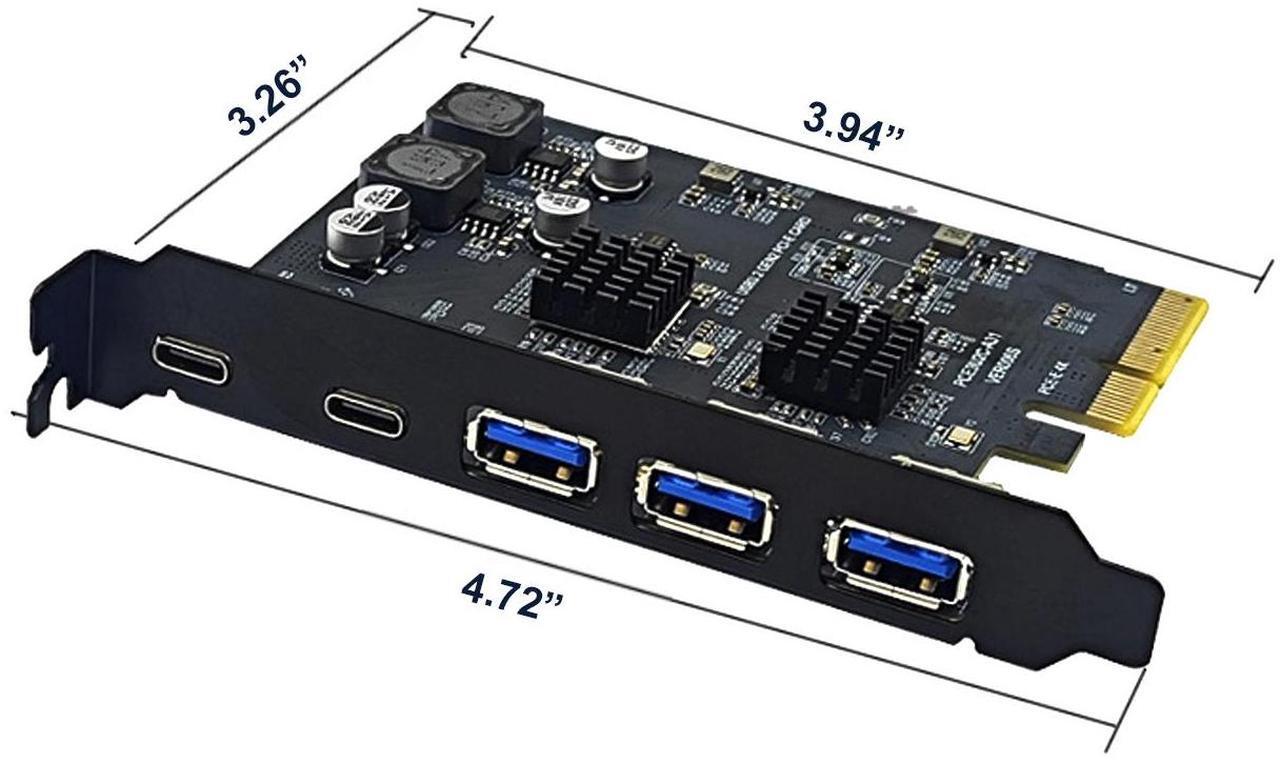 Alt view image 7 of 7 - PCIe 3.0/4.0 to 10Gbps USB 3.2 Gen2 Expansion Card,5-Ports (2x USB Type-C,3x USB A) to PCI Express x4 PC Internal USB Hub for Windows 10/8/7 Linux and MAC OS 10.8.2 above with Full-Profile Slot Cover