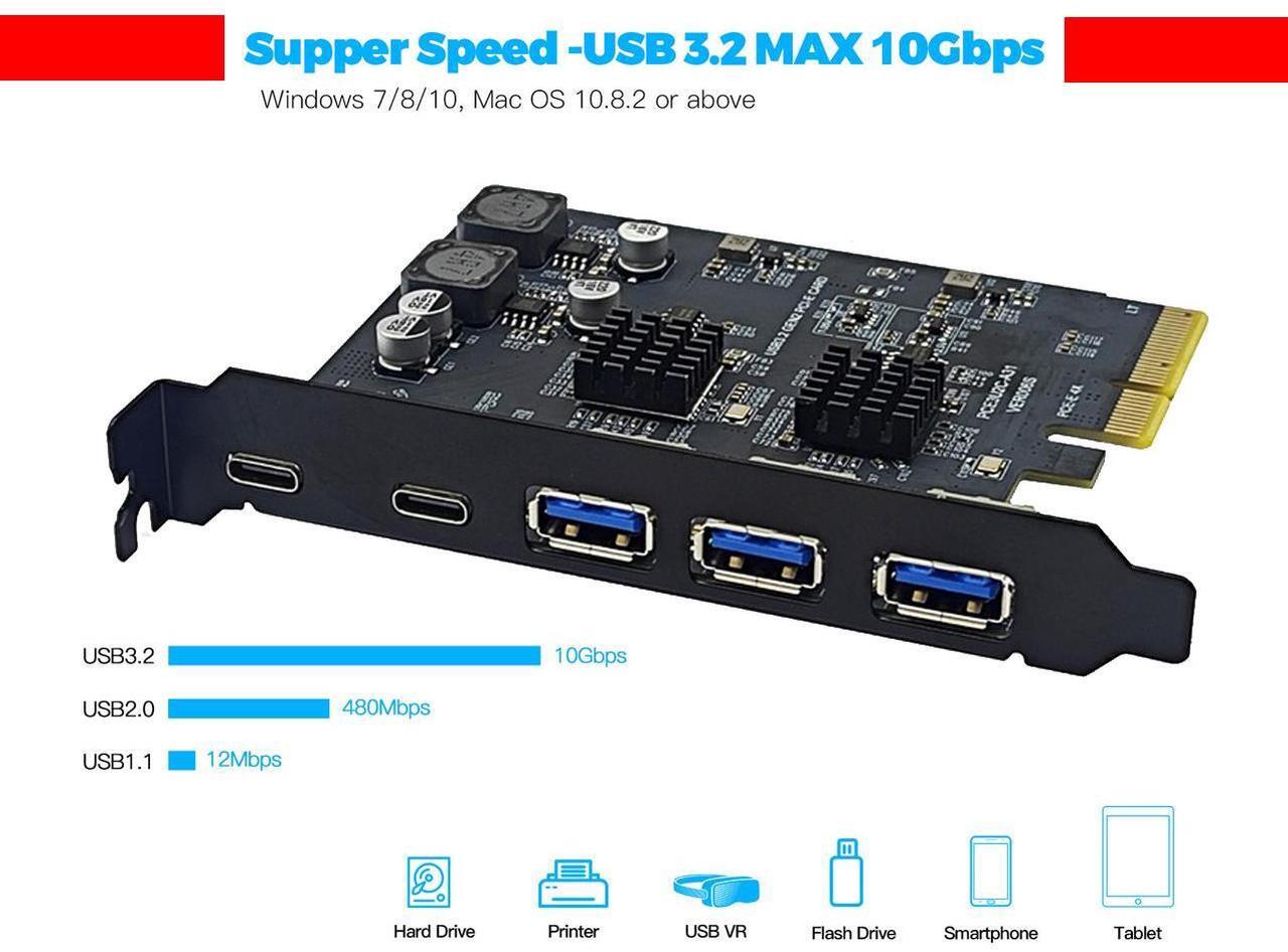 Alt view image 2 of 7 - PCIe 3.0/4.0 to 10Gbps USB 3.2 Gen2 Expansion Card,5-Ports (2x USB Type-C,3x USB A) to PCI Express x4 PC Internal USB Hub for Windows 10/8/7 Linux and MAC OS 10.8.2 above with Full-Profile Slot Cover