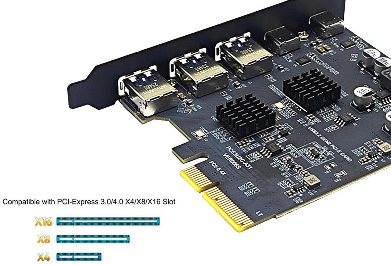 Alt view image 6 of 7 - PCIe 3.0/4.0 to 10Gbps USB 3.2 Gen2 Expansion Card,5-Ports (2x USB Type-C,3x USB A) to PCI Express x4 PC Internal USB Hub for Windows 10/8/7 Linux and MAC OS 10.8.2 above with Full-Profile Slot Cover
