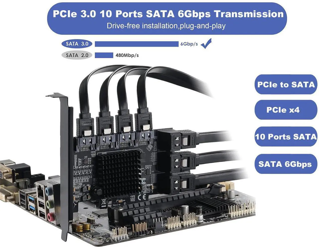Alt view image 5 of 7 - SATA PCIe Card 10 Ports, 6 Gbps SATA 3.0 to PCI-e X4 Card,PCI Express to SATA(Non-Raid) Controller Expansion Card with Full Profile & Low Profile Bracket for 10 Ports SSD and HDD