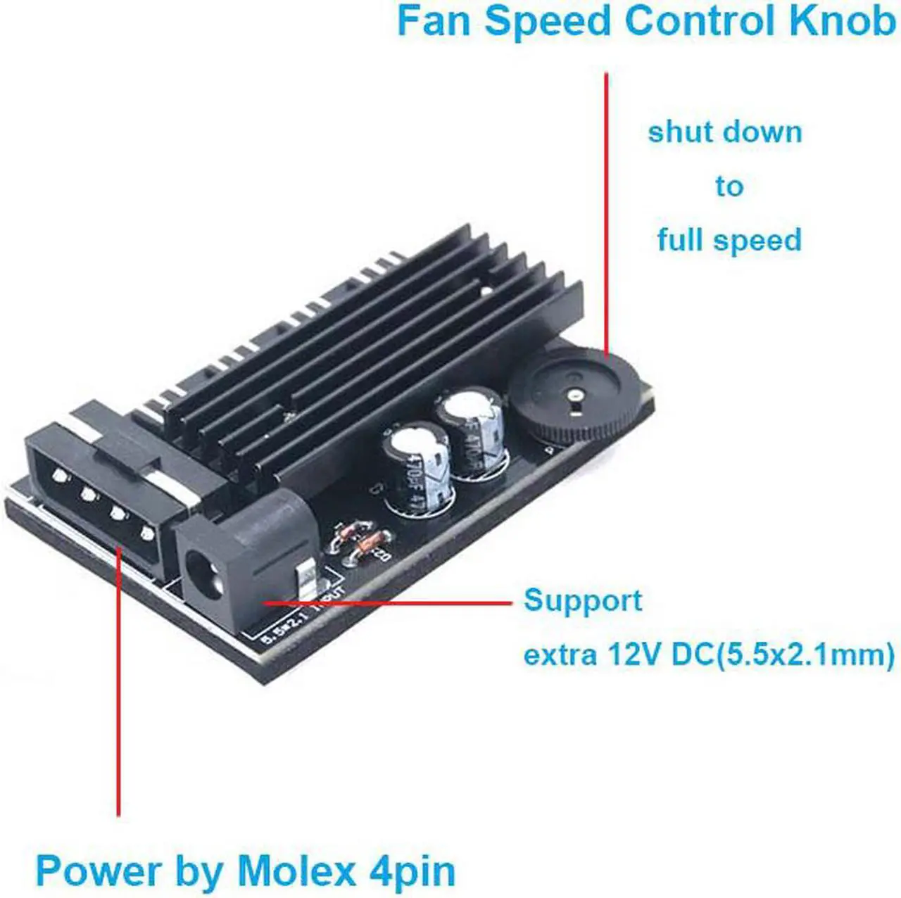 Alt view image 3 of 4 - EnLabs TX3CO4D 4 Way 3 pin CPU Cooler Case Fan Speed Controller w/ Backed Tap for Internal & Mining Cooling - Extra 5.5*2.1DC for Router Dissipate Heat - Molex to 4 x 3pin Fan Hub