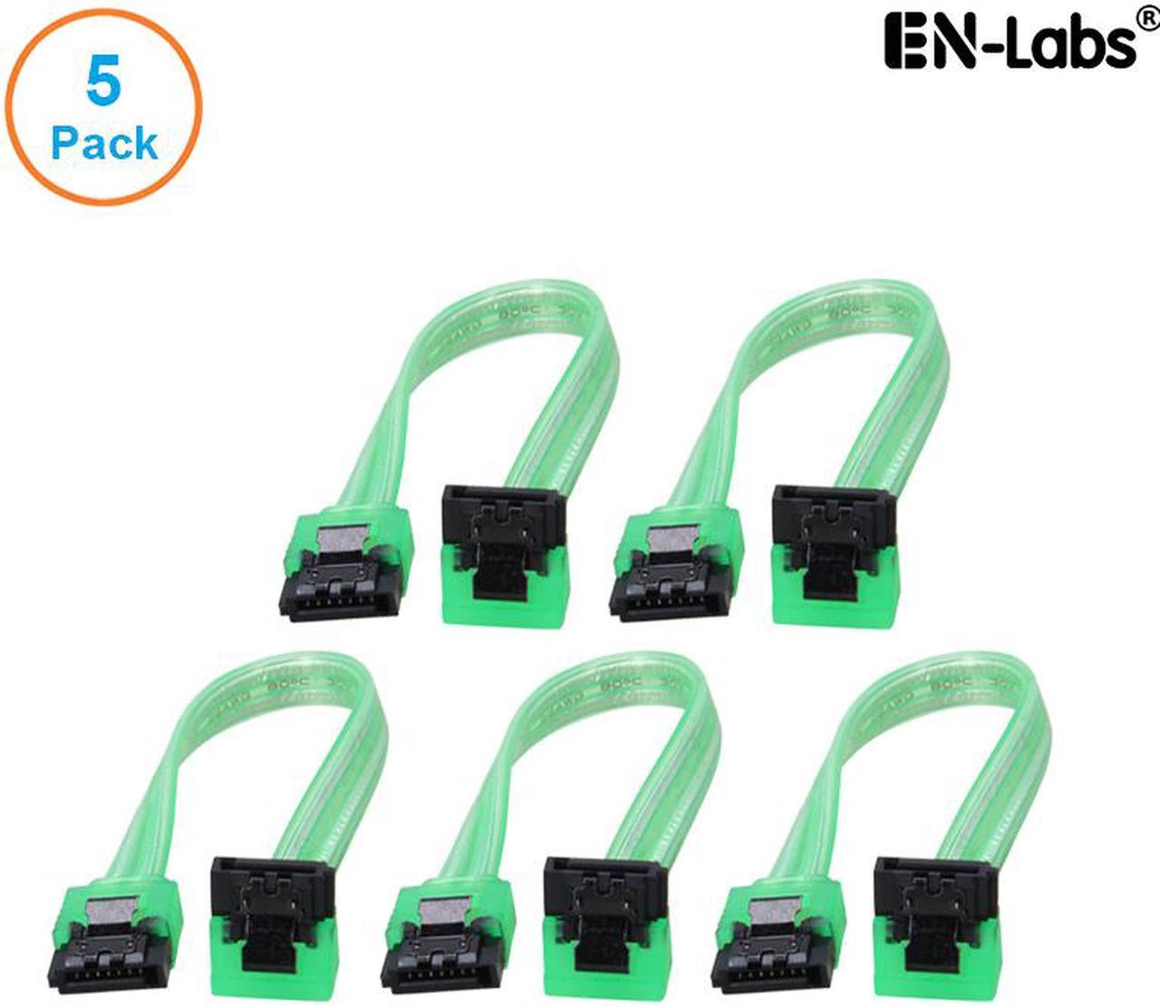 EnLabs 5PKSATAIII15CMGN90 5 Pack SATA 3.0 6Gbps Straight to 90 Degree Angle HDD SDD Data Cable w/ Locking Latch - UV Green - 6 inch