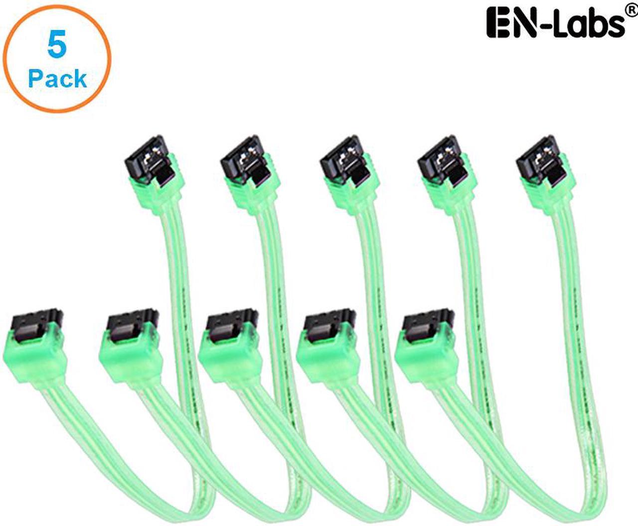 EnLabs 5PKSATAIII25CMGN90 5 Pack SATA 3.0 6Gbps Straight to 90 Degree Angle HDD SDD Data Cable w/ Locking Latch - UV Green - 10 inch