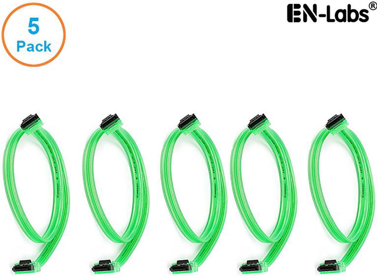 EnLabs 5PKSATAIII45CMGN90 5 Pack SATA 3.0 6Gbps Straight to 90 Degree Angle HDD SDD Data Cable w/ Locking Latch - UV Green - 18 inch