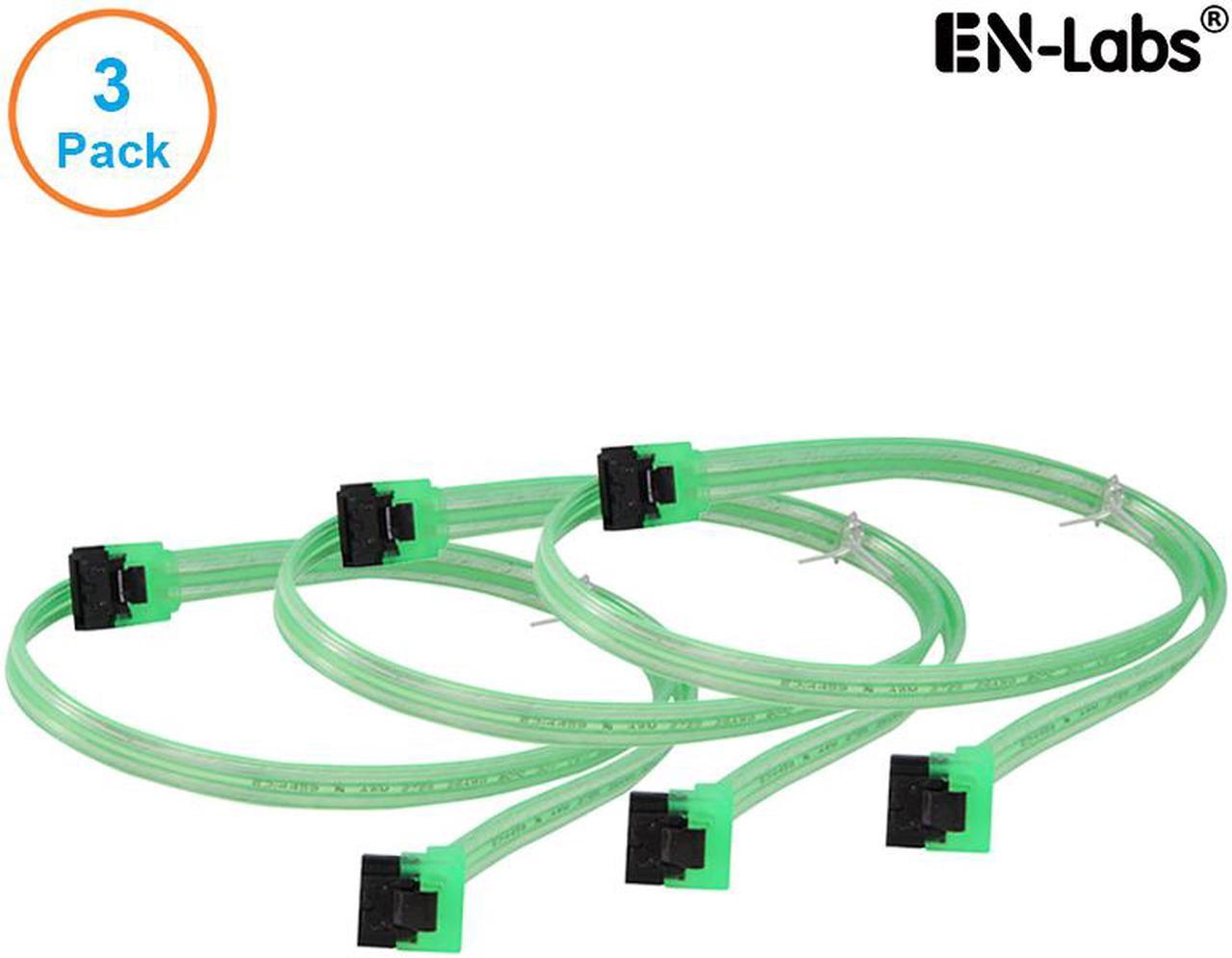 EnLabs 3PKSATAIII24GNA 3 Pack SATA 3.0 6Gbps Straight to 90 Degree Right-Angle HDD SDD Data Cable w/ Locking Latch - UV Green - 24 inch