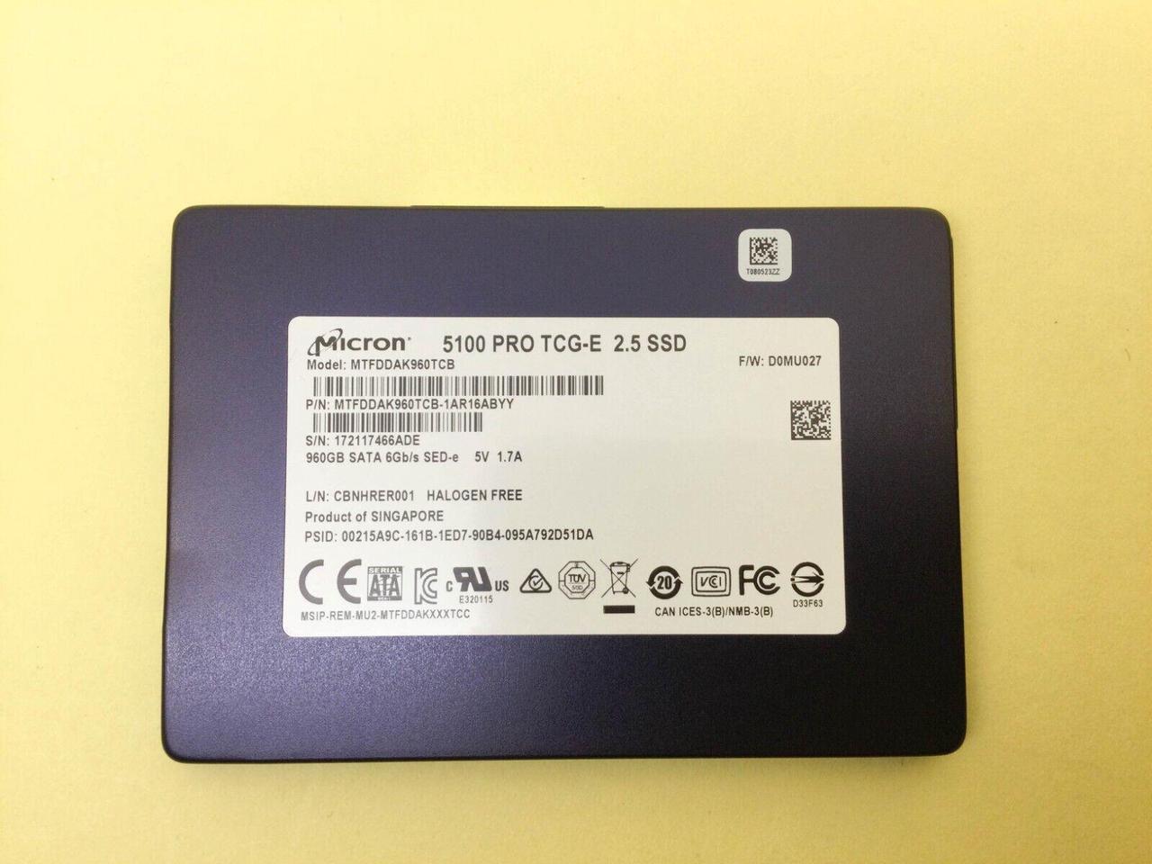 Alt view image 2 of 2 - Micron 5100 PRO Series 960GB SATA 6Gb/s 2.5in SSD MTFDDAK960TCB New