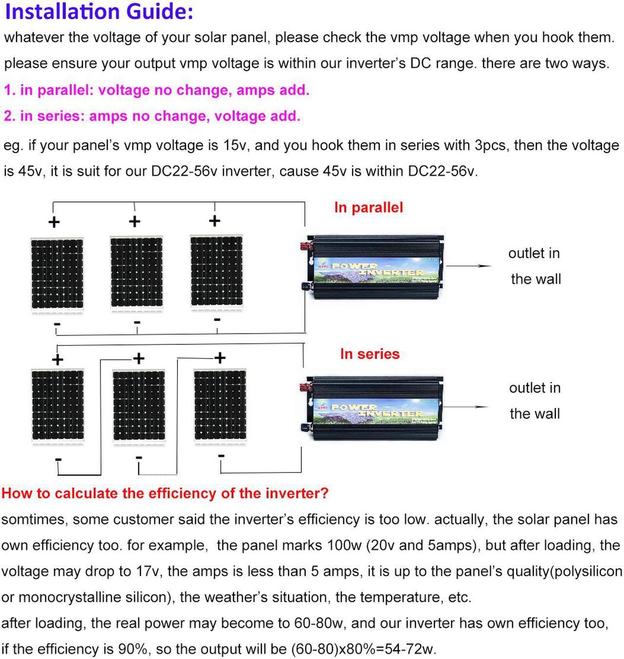 Alt view image 6 of 8 - Solinba 1000w on grid tie pure sine wave power inverter DC22-56v to AC 90-130v, 46-65Hz, USA plug, black color