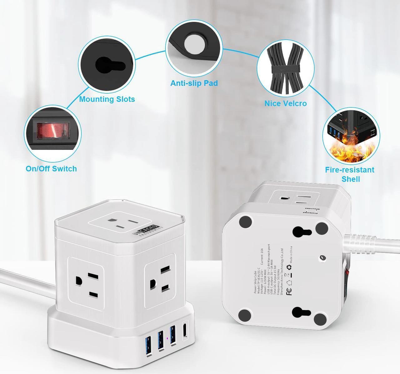 Alt view image 6 of 7 - Cube Power Strips with Surge Protection, 10ft Extension Cord with Multiple Outlets, 5 AC Plugs + 3 USB + 1 USB-C Fast Charging Power Strip with USB Ports, Mountable On/Off Switch Charging Station