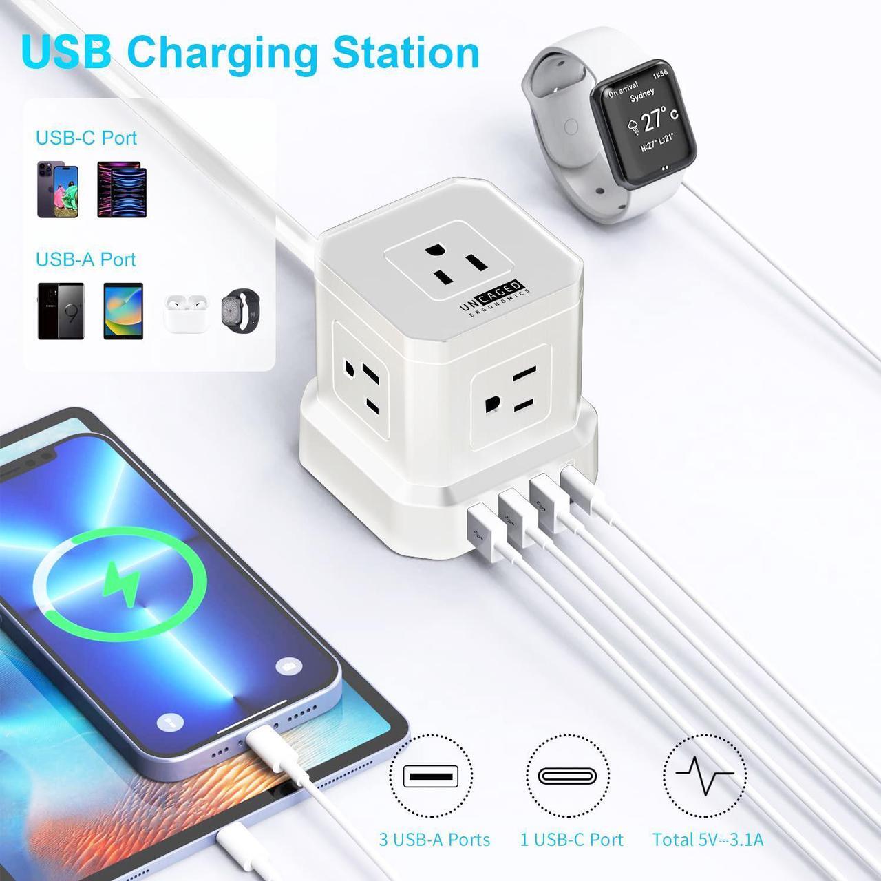 Alt view image 7 of 7 - Cube Power Strips with Surge Protection, 10ft Extension Cord with Multiple Outlets, 5 AC Plugs + 3 USB + 1 USB-C Fast Charging Power Strip with USB Ports, Mountable On/Off Switch Charging Station